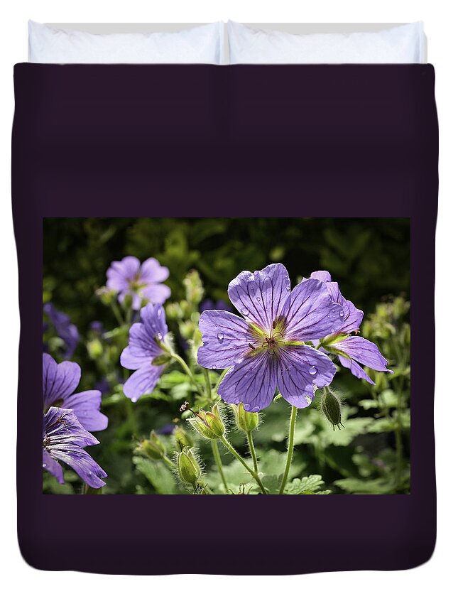 Nature Duvet Cover featuring the photograph Sun bathed Geranium by Spikey Mouse Photography