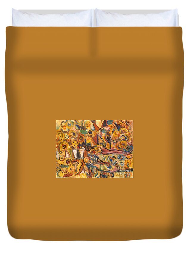 Land Scape Duvet Cover featuring the painting Sun- Bathing Among Yellow Roses by Fereshteh Stoecklein