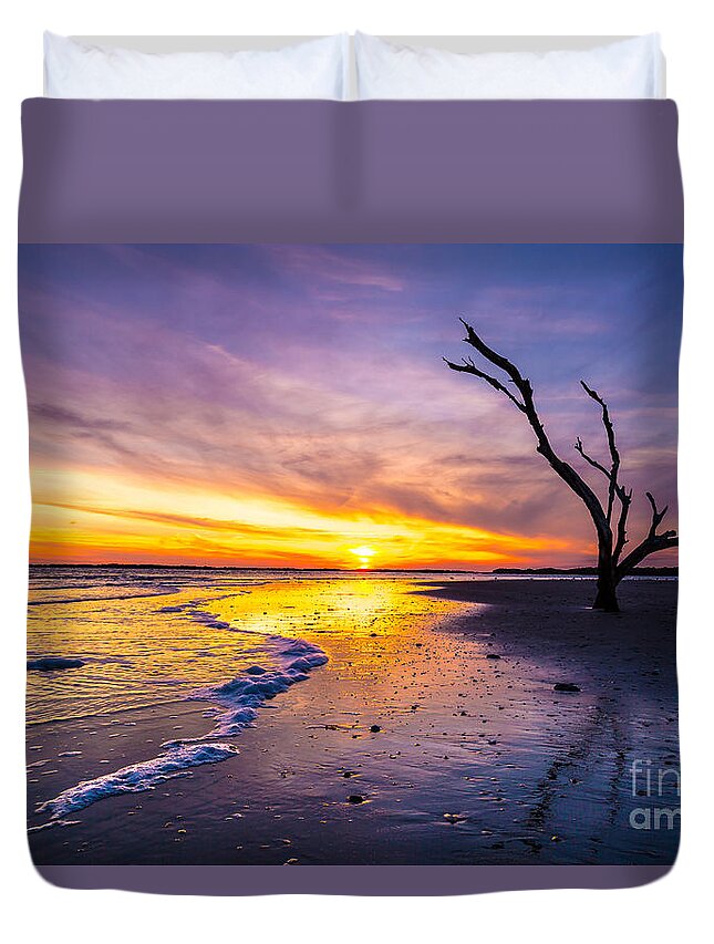 Charleston Sunset Duvet Cover featuring the photograph Sun drops behind Bird Key - Folly Beach SC by Donnie Whitaker