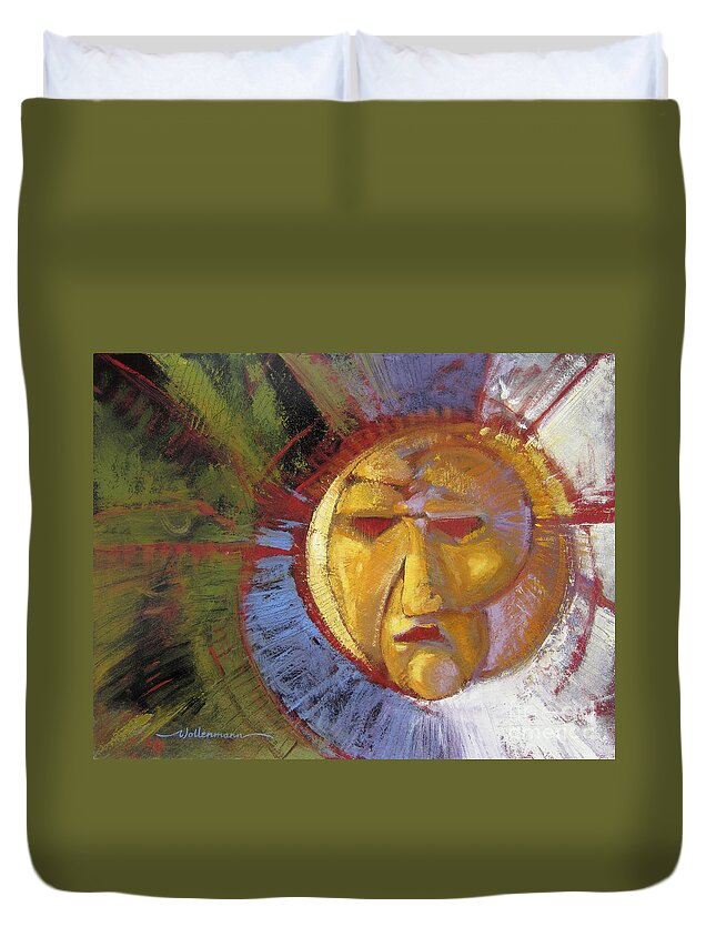 Mask Duvet Cover featuring the painting Sun Mask by Randy Wollenmann