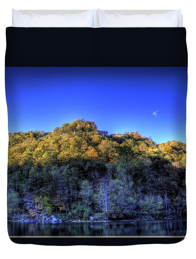 River Duvet Cover featuring the photograph Sun on Autumn Trees by Jonny D