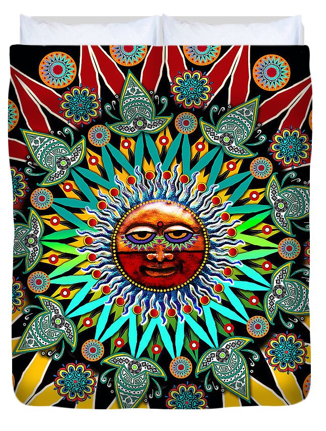Sun Duvet Cover featuring the mixed media Sun Shaman by Christopher Beikmann