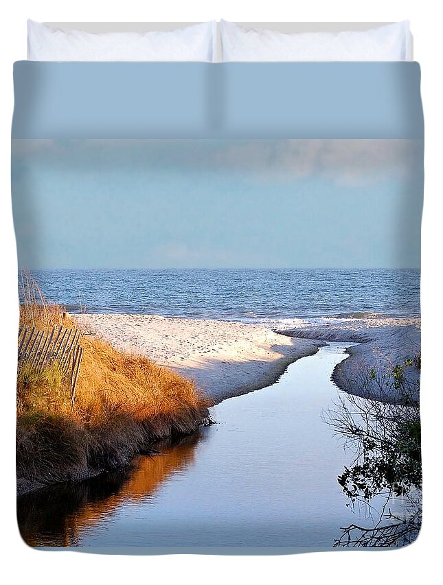 Beach Duvet Cover featuring the photograph Sun Slowly Setting On Myrtle Beach by Kathy Baccari