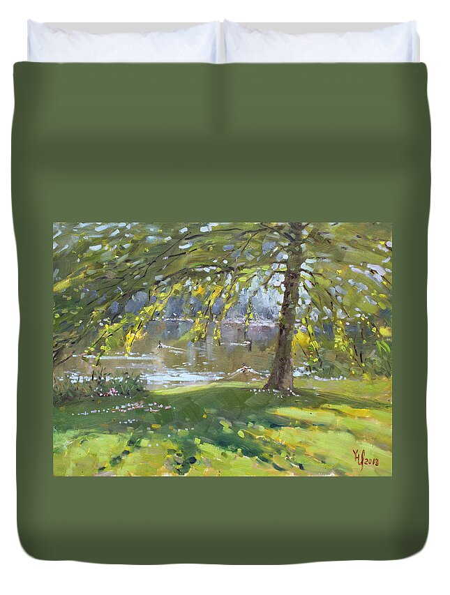 Credit Port On Duvet Cover featuring the painting Sunday by the Pond in Port Credit Mississauga by Ylli Haruni