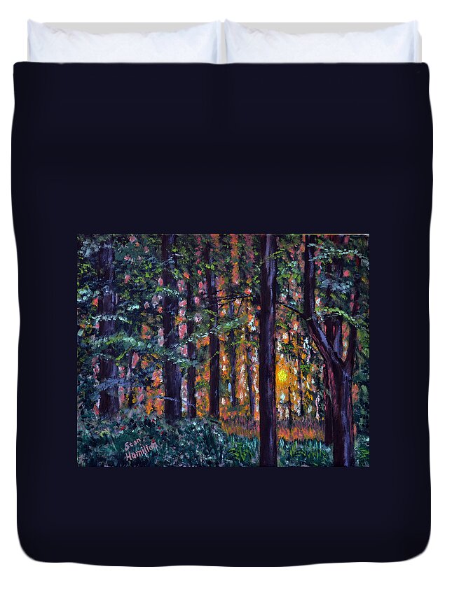 Sundown Duvet Cover featuring the painting Sundown in Woods by Stan Hamilton