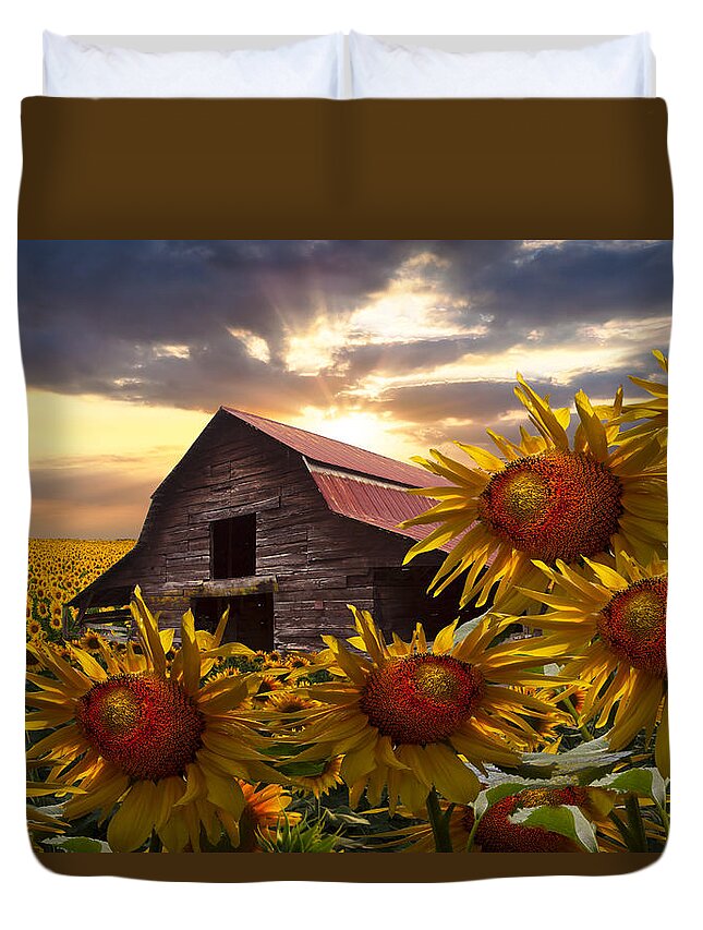 Barn Duvet Cover featuring the photograph Sunflower Dance by Debra and Dave Vanderlaan