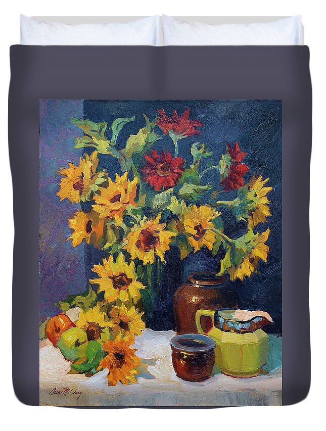 Sunflowers Duvet Cover featuring the painting Sunflowers and Yellow Pitcher by Diane McClary