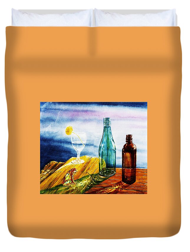Sunlit Duvet Cover featuring the painting Sunlit Bottles by Hartmut Jager