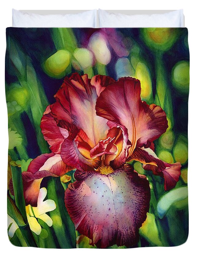 Iris Duvet Cover featuring the painting Sunlit Iris by Hailey E Herrera