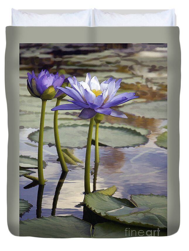 Flower Duvet Cover featuring the photograph Sunlit Purple Lilies by Sharon Foster