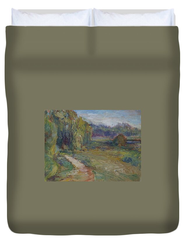 Sky Duvet Cover featuring the painting Sunny Morning in the Park -Wetlands - Original - Textural Palette Knife Painting by Quin Sweetman