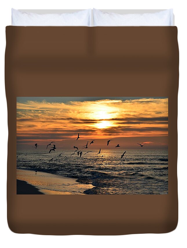 Sunrise Duvet Cover featuring the photograph Sunrise Colors over Navarre Beach with Flock of Seagulls by Jeff at JSJ Photography