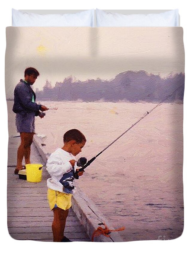 Fishing Duvet Cover featuring the painting Sunrise Fishing by RC DeWinter