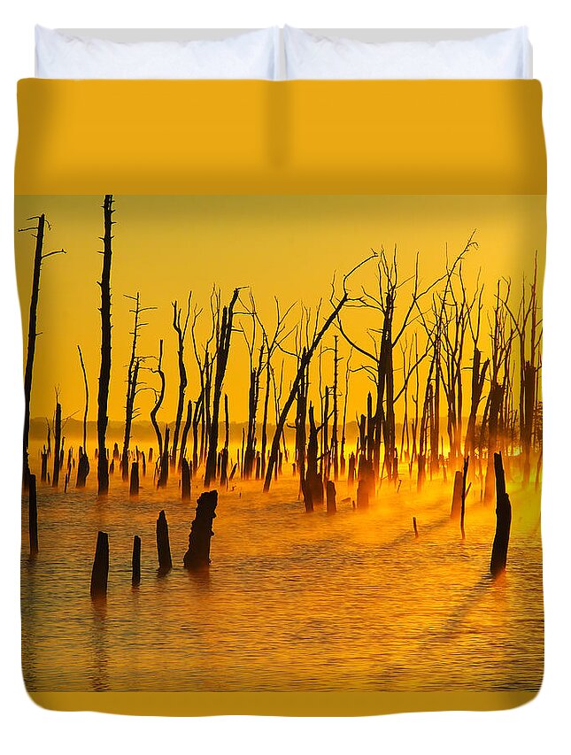 Sunrise Duvet Cover featuring the photograph Sunrise Fog Shadows by Roger Becker