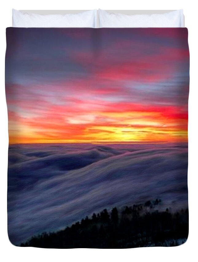 Sunrise From Mountaintop Duvet Cover featuring the painting Sunrise from Mountaintop by Troy Caperton