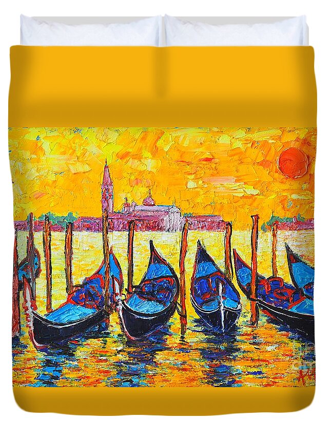 Venice Duvet Cover featuring the painting Sunrise In Venice Italy Gondolas And San Giorgio Maggiore by Ana Maria Edulescu