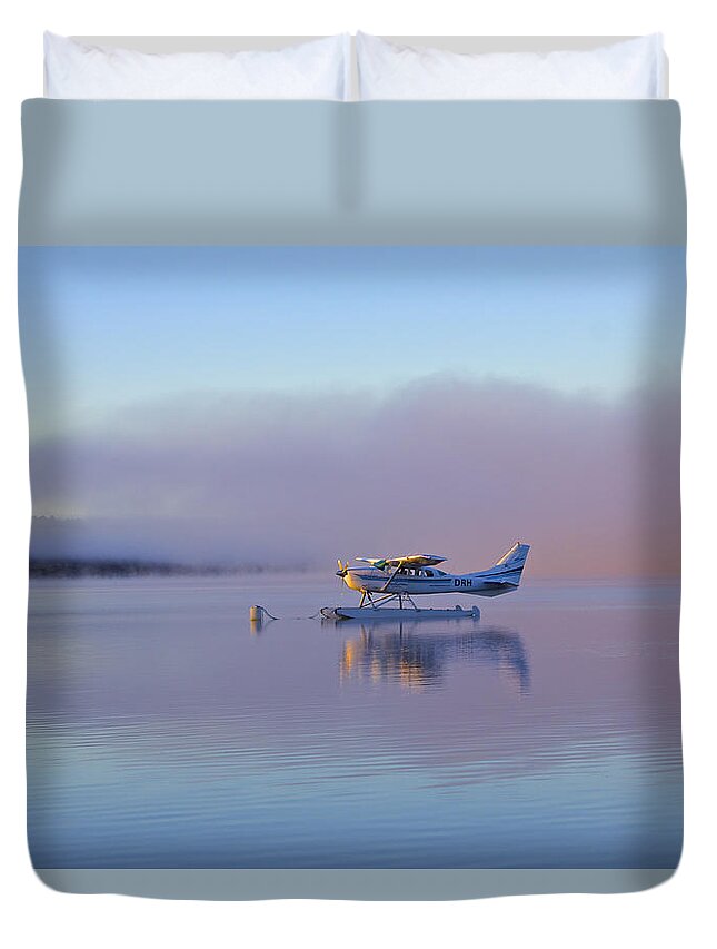 Seaplane Duvet Cover featuring the photograph Misty Sunrise on Lake Te Anau by Venetia Featherstone-Witty