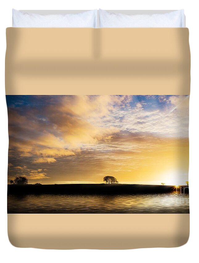 Sunrise Duvet Cover featuring the photograph Sunrise over silouette landscape by Simon Bratt