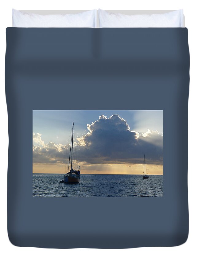  Duvet Cover featuring the photograph Sunset and Boats - St. Lucia by Nora Boghossian