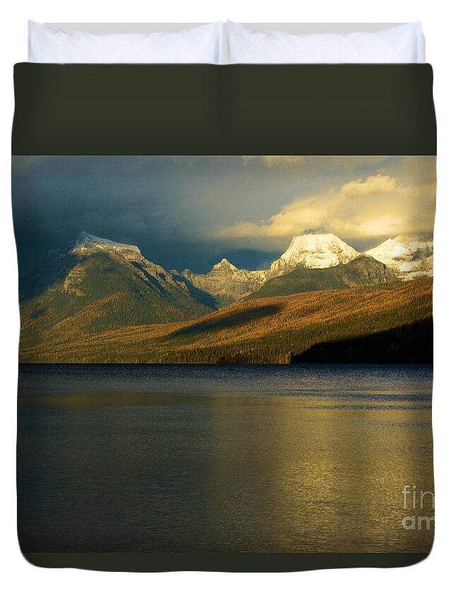 West Glacier Duvet Cover featuring the photograph Sunset At McDonald by Adam Jewell