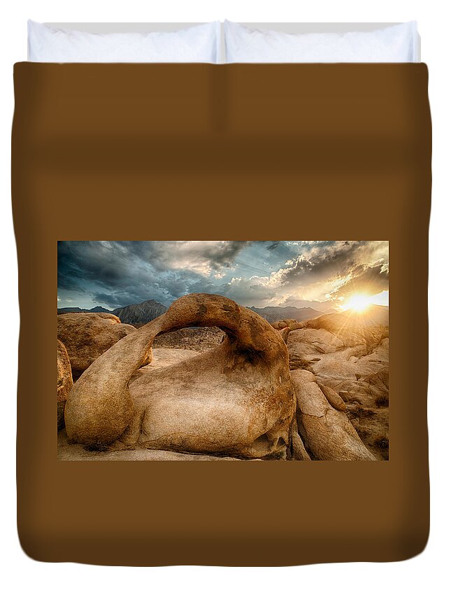Sunset Duvet Cover featuring the photograph Sunset at Mobius Arch by Cat Connor