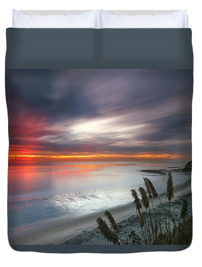 Sunset Duvet Cover featuring the photograph Sunset at Swamis Beach 4 by Larry Marshall