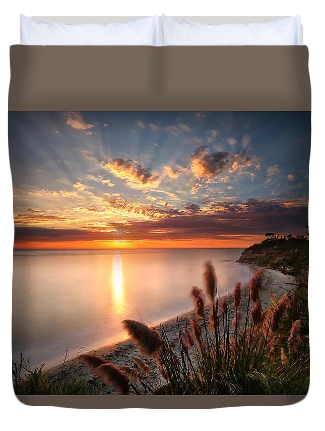 Sunset Duvet Cover featuring the photograph Sunset at Swamis Beach 7 by Larry Marshall