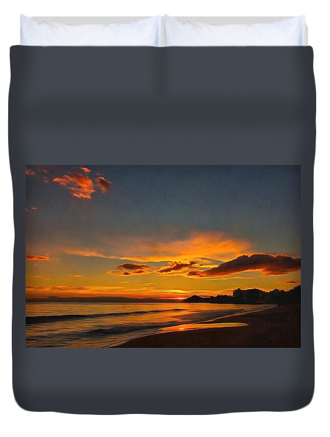 Sea Duvet Cover featuring the photograph Sunset at the seaside in Benidorm Spain by Mick Flynn