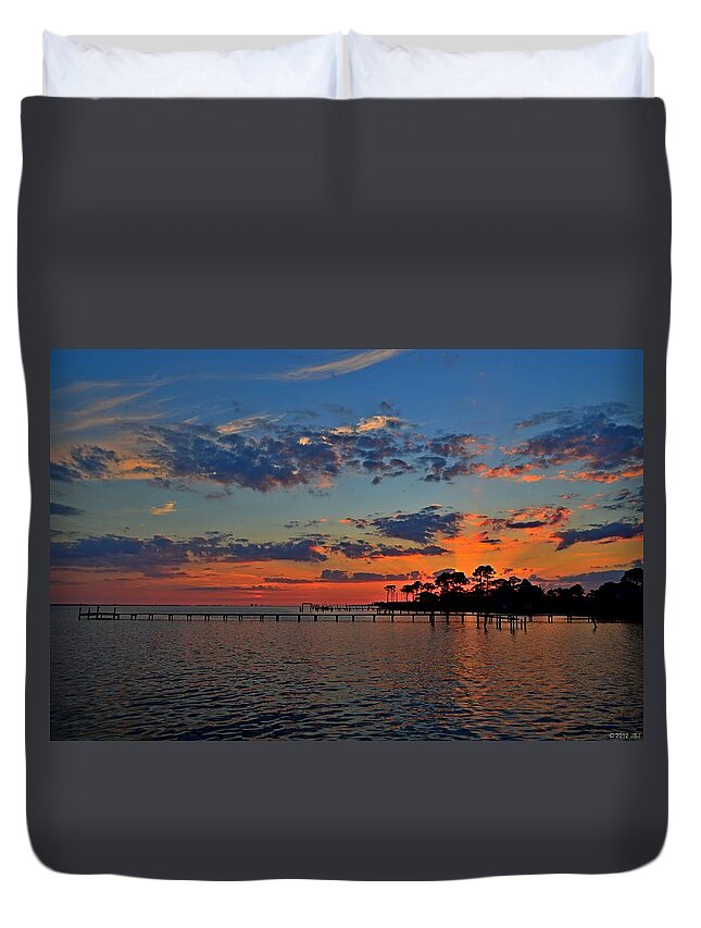 Sunset Duvet Cover featuring the photograph Sunset Colors on Santa Rosa Sound with Rays by Jeff at JSJ Photography
