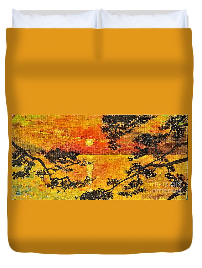 Sunset Duvet Cover featuring the painting Sunset For My Parents by Teresa Wegrzyn