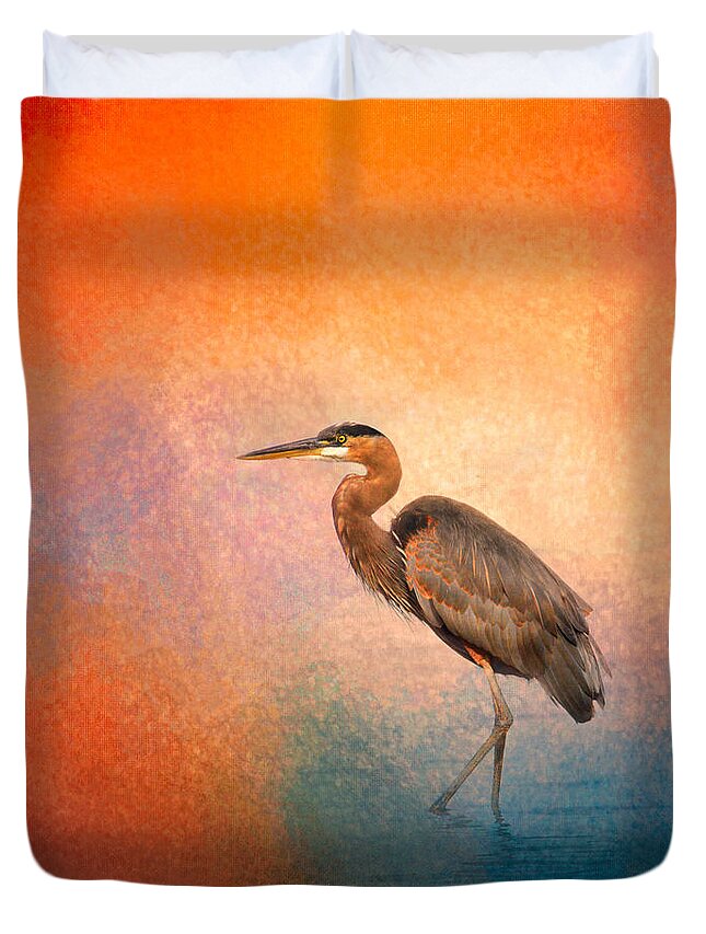 Jai Johnson Duvet Cover featuring the photograph Sunset Heron by Jai Johnson