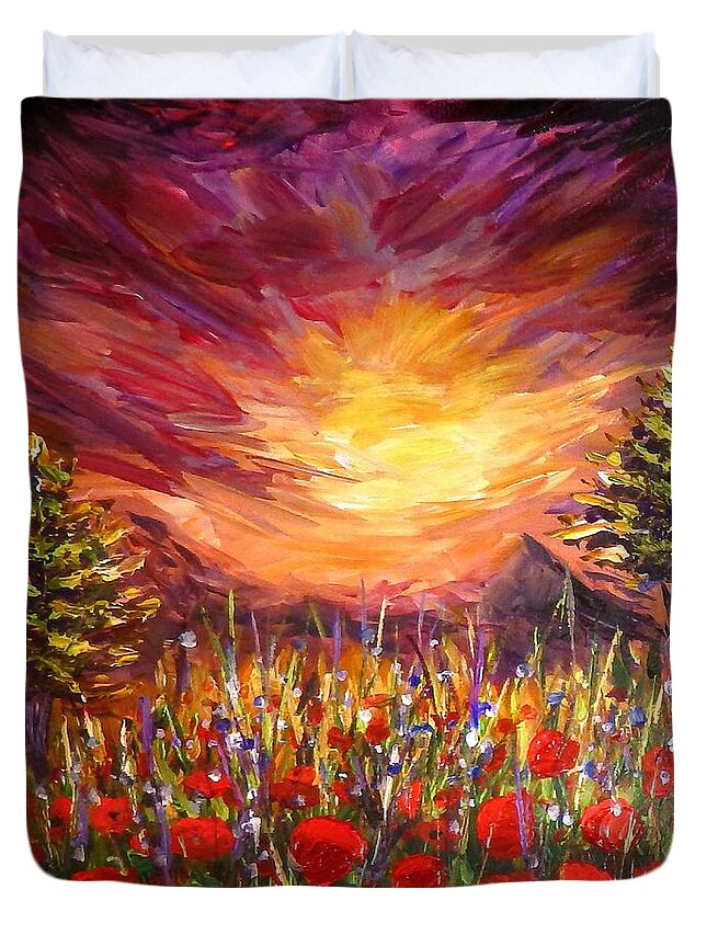 Original Art Duvet Cover featuring the painting Sunset in Poppy Valley by Lilia D
