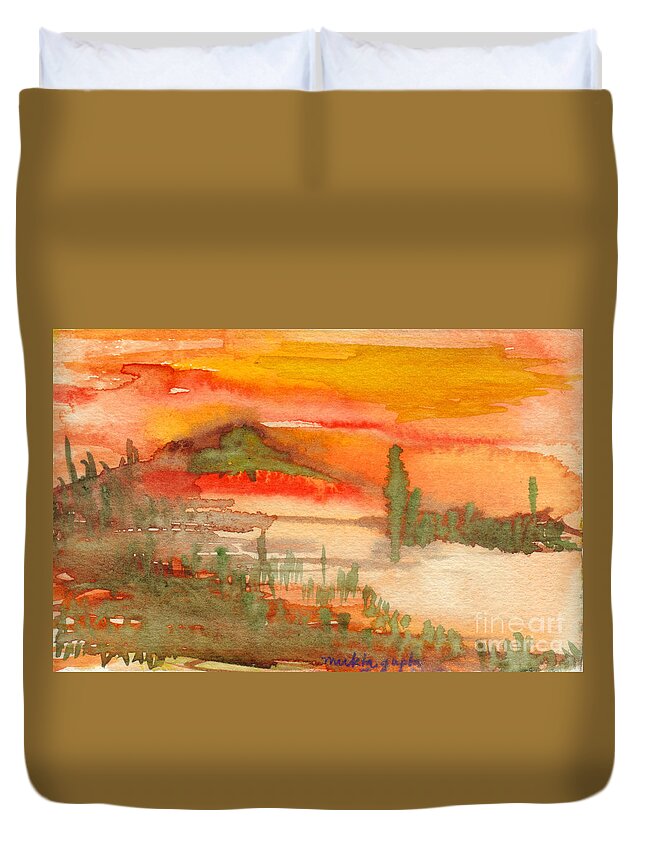 Sunset Duvet Cover featuring the painting Sunset in Saguaro Desert by Mukta Gupta