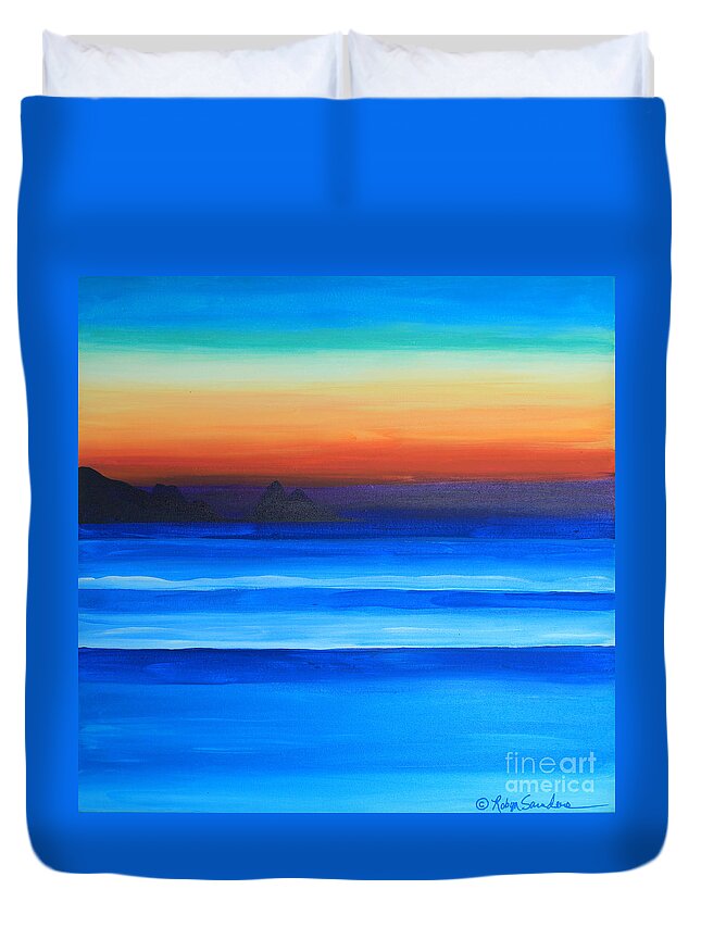 Beach Duvet Cover featuring the painting Sunset Island to Right at Sea by Robyn Saunders