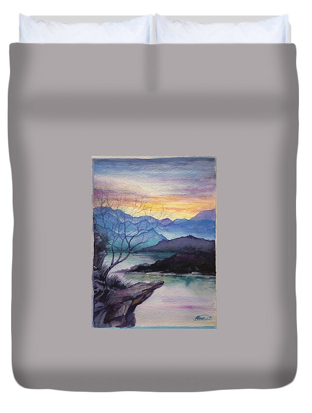 Sunset Duvet Cover featuring the painting Sunset Montains by Alban Dizdari