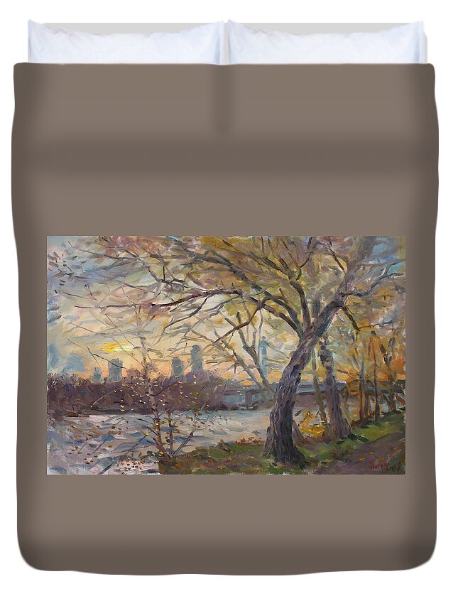 Niagara Falls Duvet Cover featuring the painting Sunset on Niagara River by Ylli Haruni