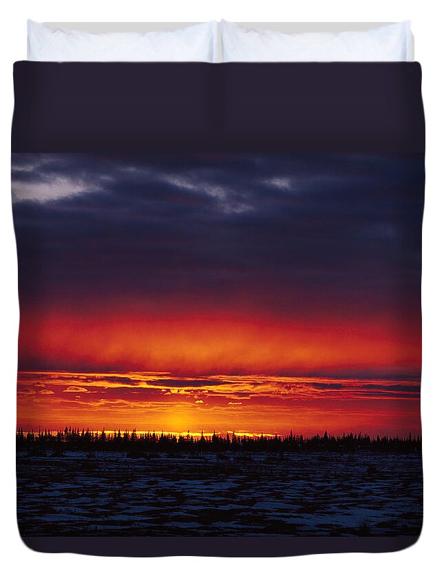 Feb0514 Duvet Cover featuring the photograph Sunset Over Boreal Forest Churchill by Konrad Wothe
