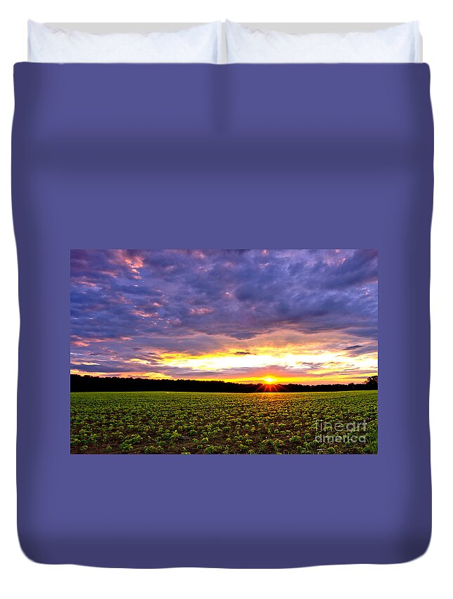 Sunset Duvet Cover featuring the photograph Sunset over Farmland by Olivier Le Queinec