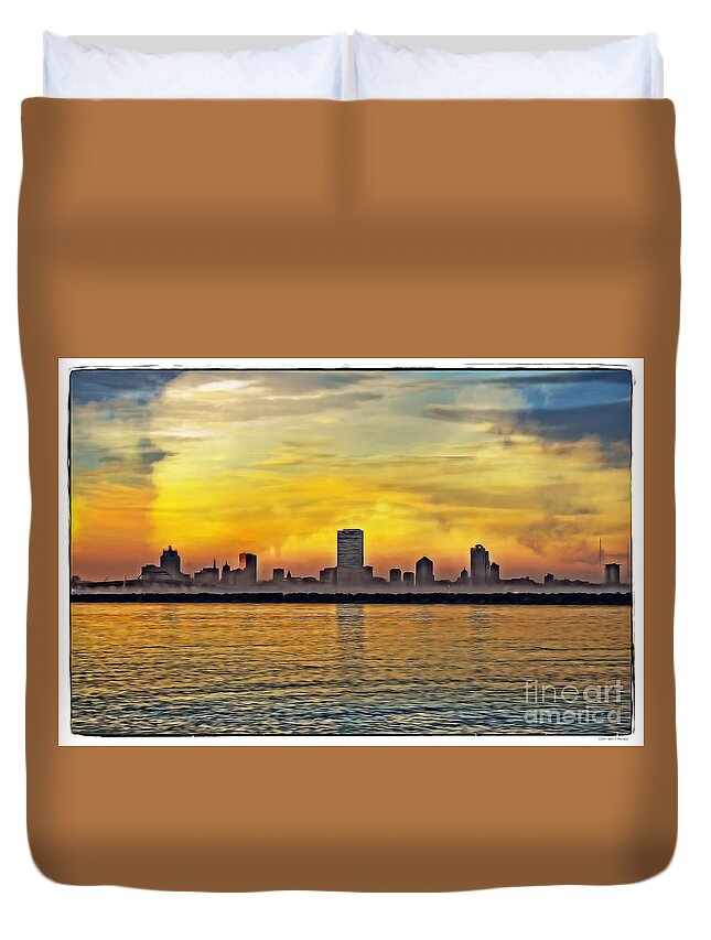 Sunset Over Milwaukee Duvet Cover featuring the photograph Sunset over Milwaukee by Mary Machare