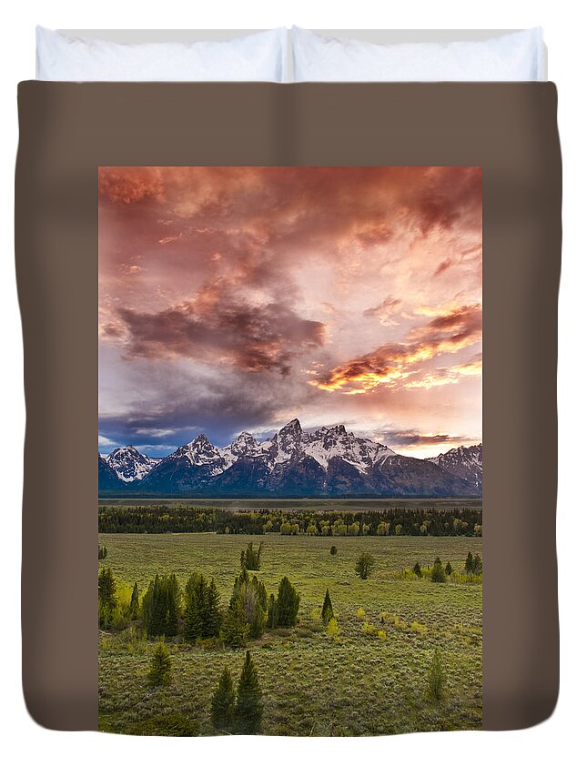Grand Teton National Park Duvet Cover featuring the photograph Sunset over the Tetons by Greg Wyatt