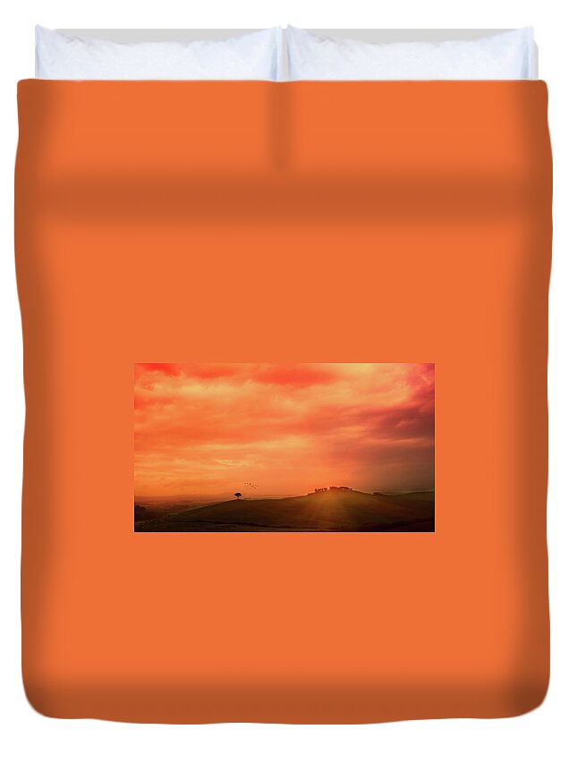 Orange Color Duvet Cover featuring the photograph Sunset Over The Tuscan Hills by Deimagine