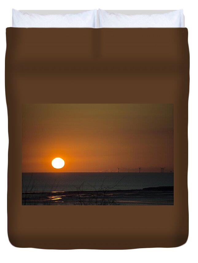 Sun Duvet Cover featuring the photograph Sunset Over The Windfarm by Spikey Mouse Photography