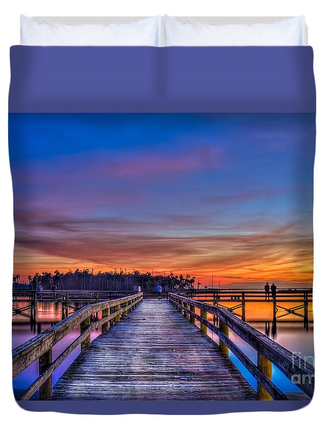 Fishing Pier Duvet Cover featuring the photograph Sunset Pier Fishing by Marvin Spates
