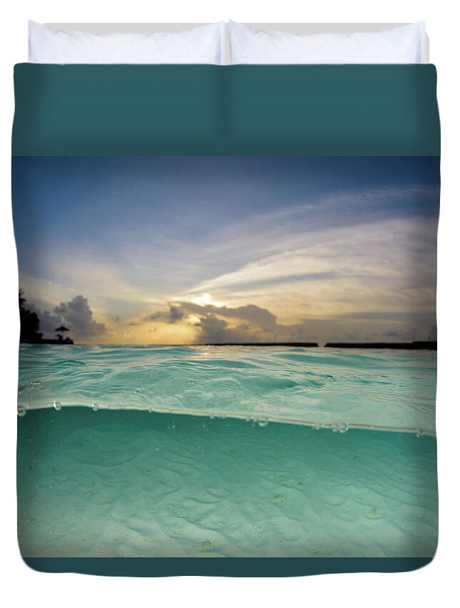 Tranquility Duvet Cover featuring the photograph Sunset Sky And Sandy Ground Underwater by Pitgreenwood
