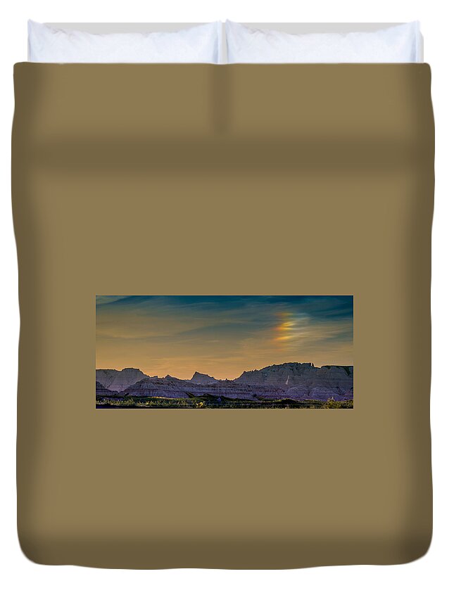Dakota Duvet Cover featuring the photograph Sunset Sundogs at the Badlands by Greni Graph