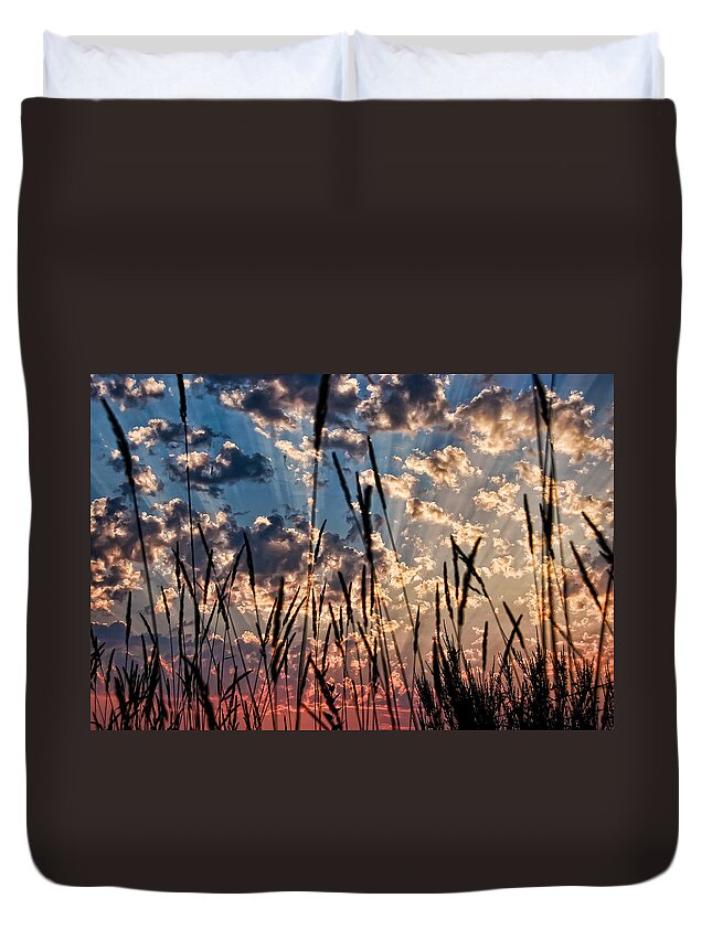 Sunset Duvet Cover featuring the photograph Sunset Through the Grasses by Don Schwartz