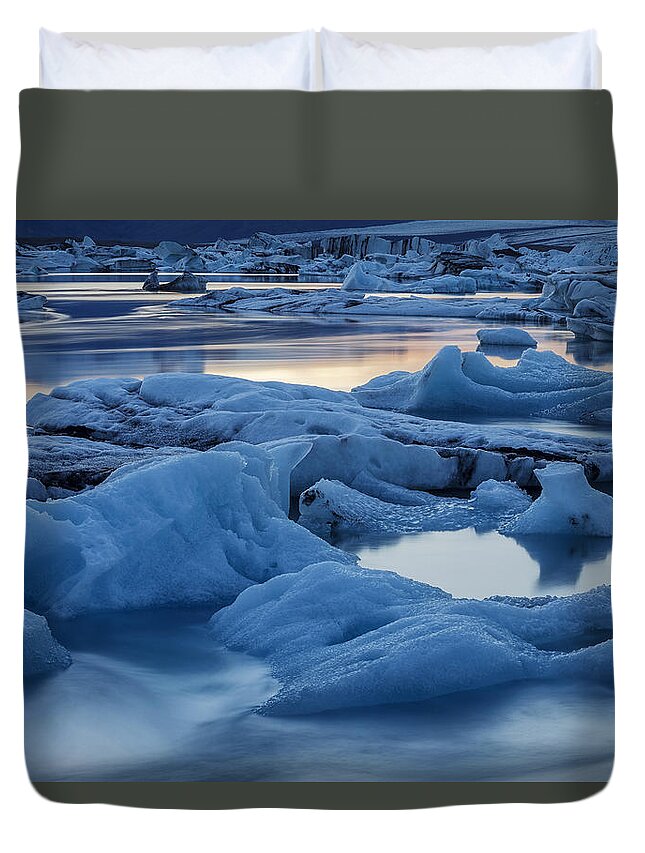 Heike Odermatt Duvet Cover featuring the photograph Sunset Vatnajokull Glacier Jokalsarlon by Heike Odermatt