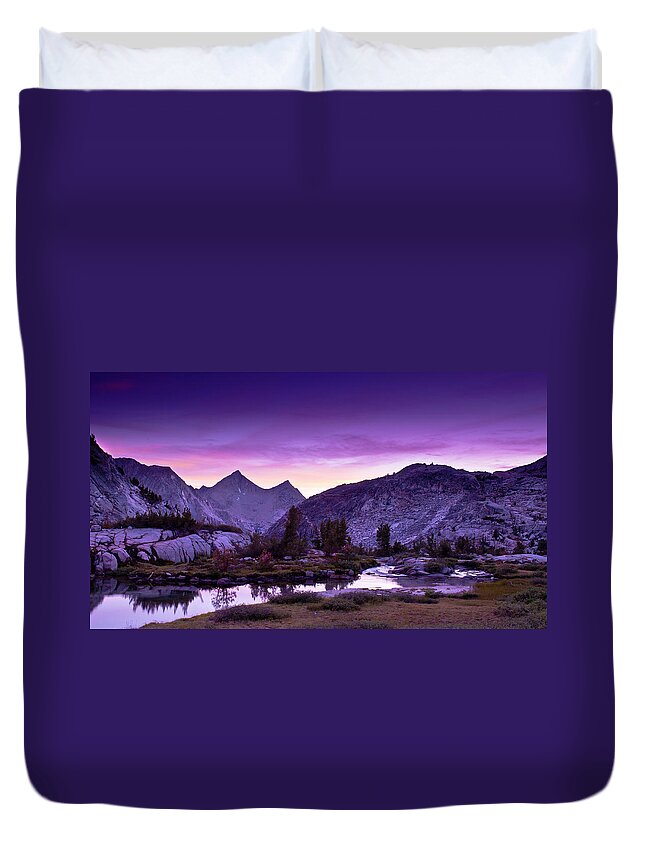 Tranquility Duvet Cover featuring the photograph Sunset With Purple Sky, Lake And by Photography By Gene Wahrlich