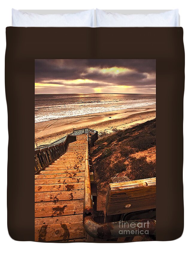 Sunset Beach Steps Photographs Duvet Cover featuring the photograph Sunset Wooden Stairway To The Beach by Jerry Cowart