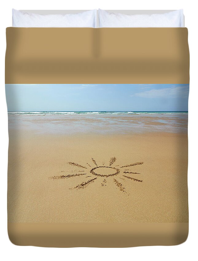 Scenics Duvet Cover featuring the photograph Sunshine Drawn In Sand At Beach by Dougal Waters